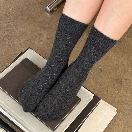 LEBON SHOPPE CASHMERE POINTELLE SOCKS CHARCOAL
