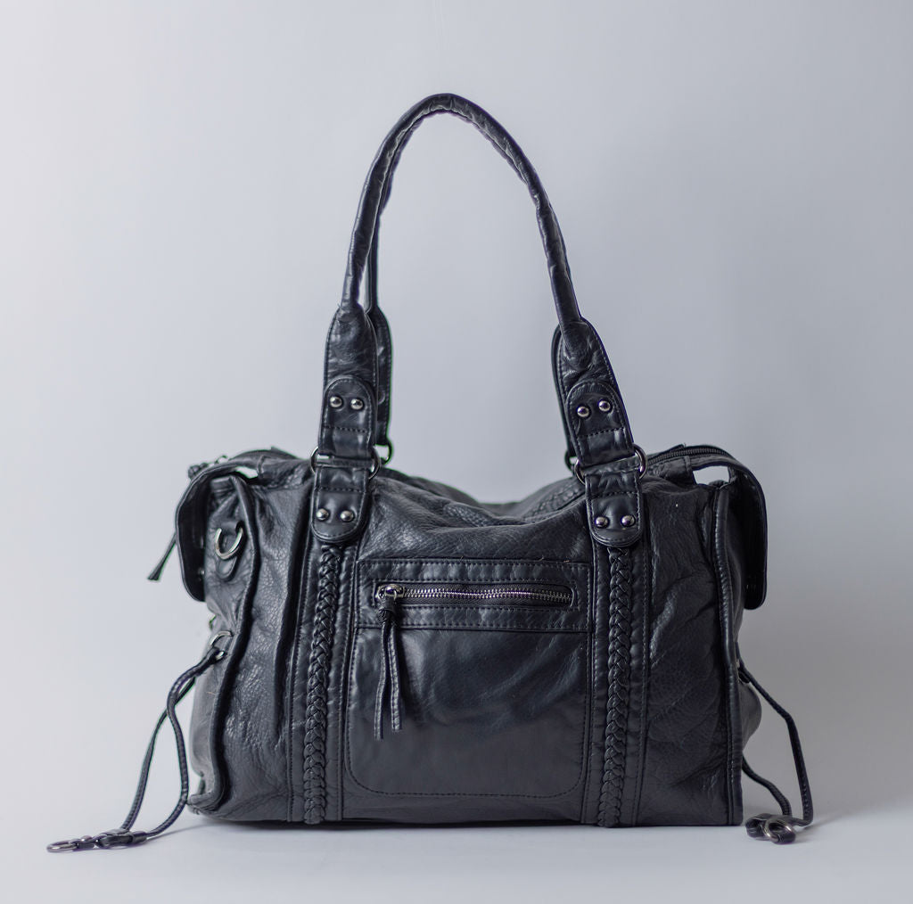 WASHED LARGE SATCHEL-BLACK