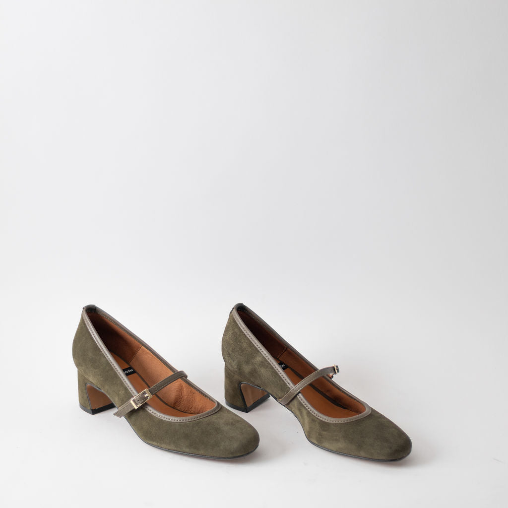 ANGEL ALACRON JAQUELINE MJ DARK GREEN SUEDE HEELS