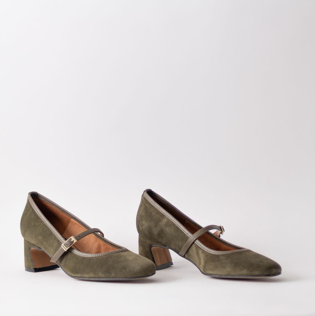 ANGEL ALACRON JAQUELINE MJ DARK GREEN SUEDE HEELS