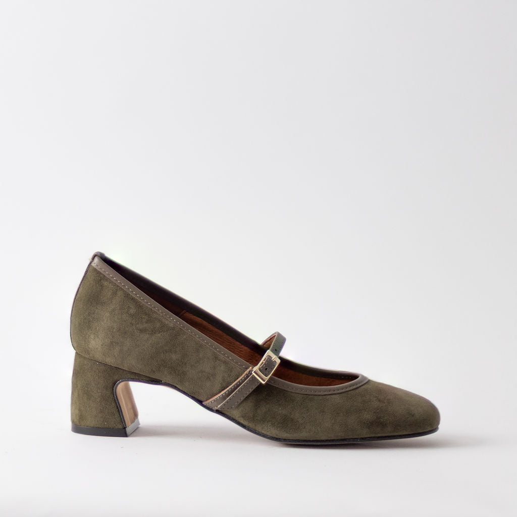 ANGEL ALACRON JAQUELINE MJ DARK GREEN SUEDE HEELS