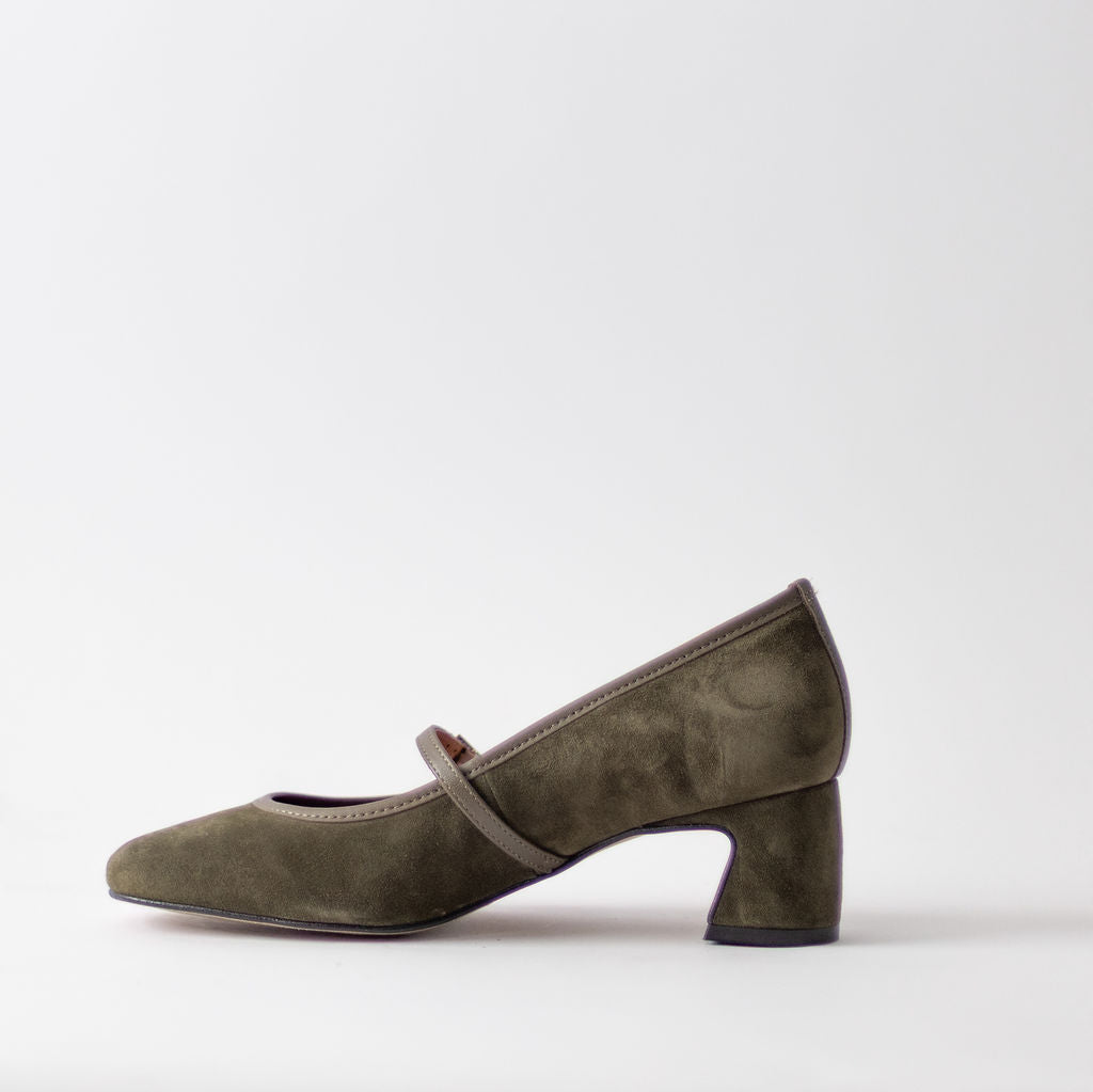ANGEL ALACRON JAQUELINE MJ DARK GREEN SUEDE HEELS