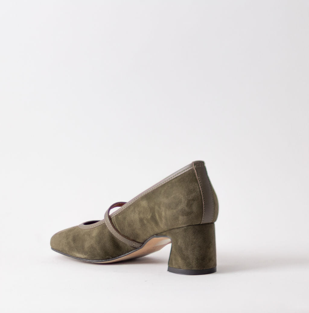 ANGEL ALACRON JAQUELINE MJ DARK GREEN SUEDE HEELS