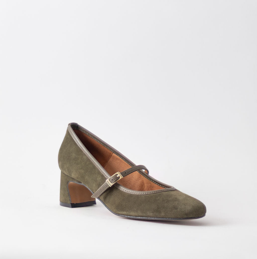 ANGEL ALACRON JAQUELINE MJ DARK GREEN SUEDE HEELS