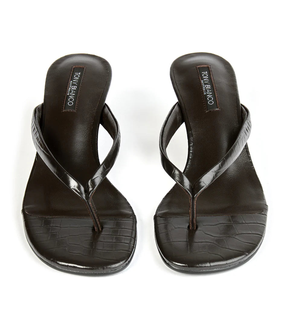 TONY BIANCO EDGY LOW WEDGE THONG CHOCOLATE CROC - Shoe Market NYC