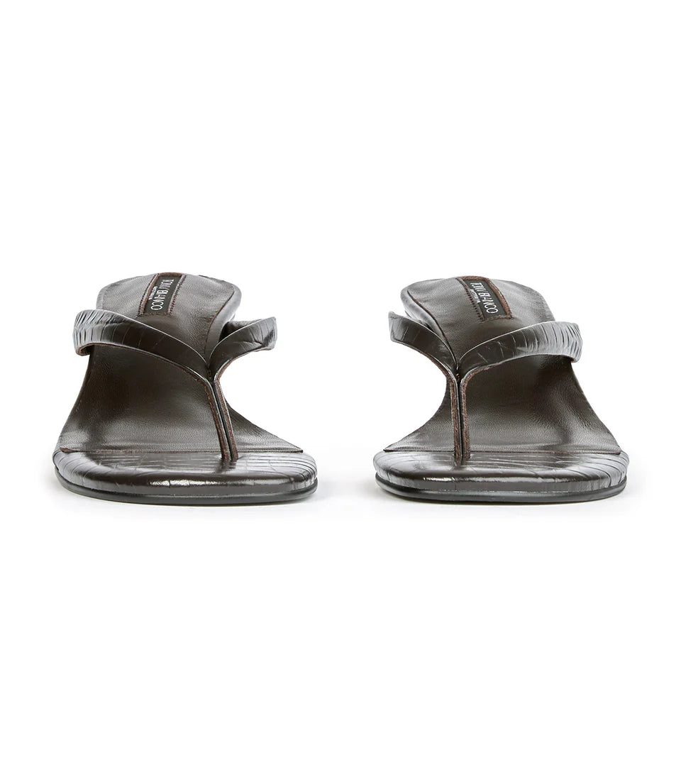 TONY BIANCO EDGY LOW WEDGE THONG CHOCOLATE CROC - Shoe Market NYC