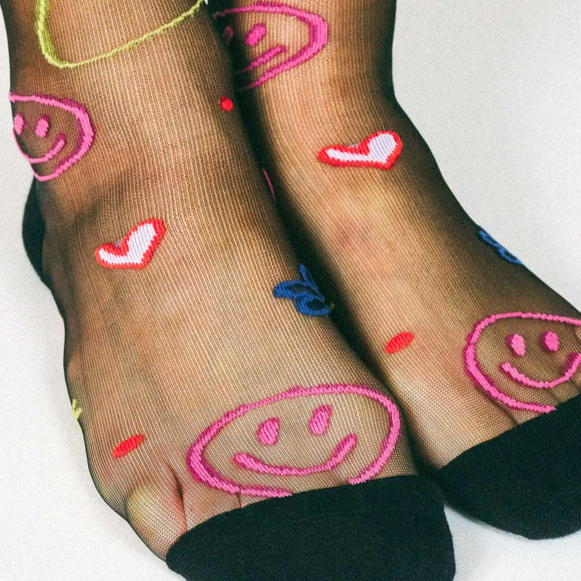 TAILORED UNION HAPPY DOODLES SHEER ANKLE SOCK BY HANNAH PACKER