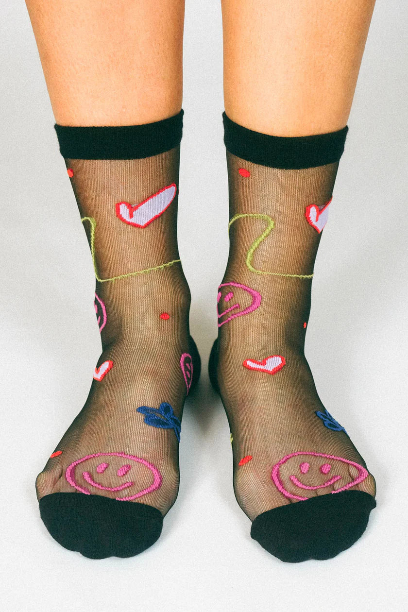 TAILORED UNION HAPPY DOODLES SHEER ANKLE SOCK BY HANNAH PACKER