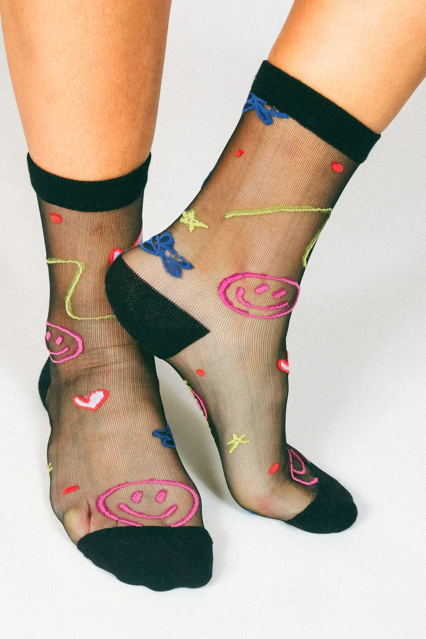 TAILORED UNION HAPPY DOODLES SHEER ANKLE SOCK BY HANNAH PACKER