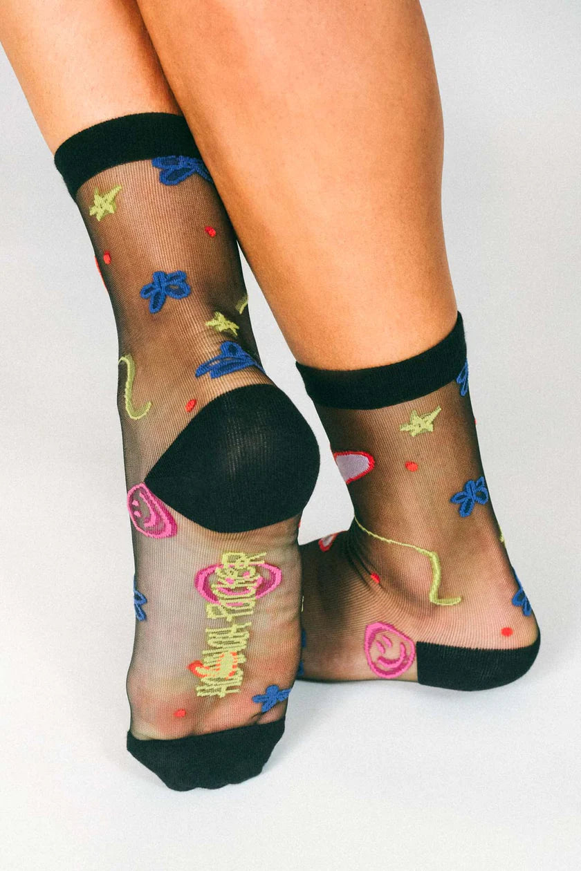 TAILORED UNION HAPPY DOODLES SHEER ANKLE SOCK BY HANNAH PACKER