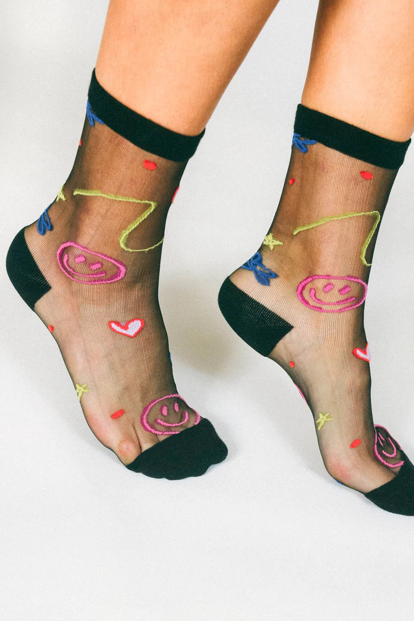 TAILORED UNION HAPPY DOODLES SHEER ANKLE SOCK BY HANNAH PACKER