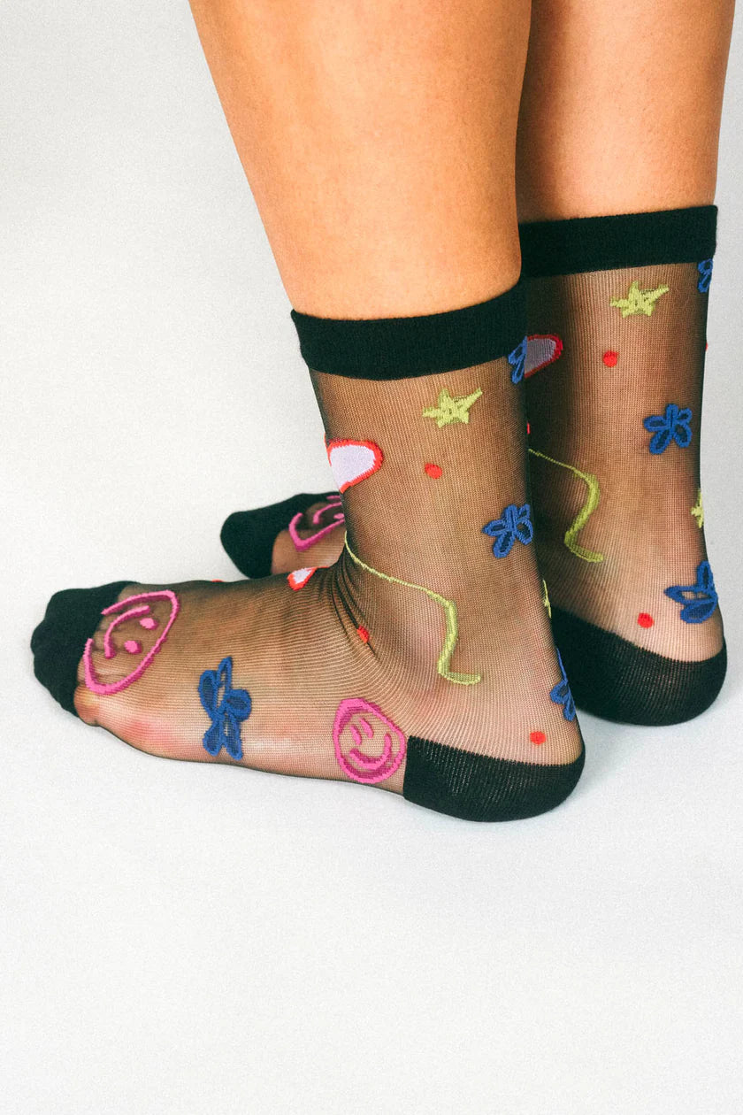 TAILORED UNION HAPPY DOODLES SHEER ANKLE SOCK BY HANNAH PACKER