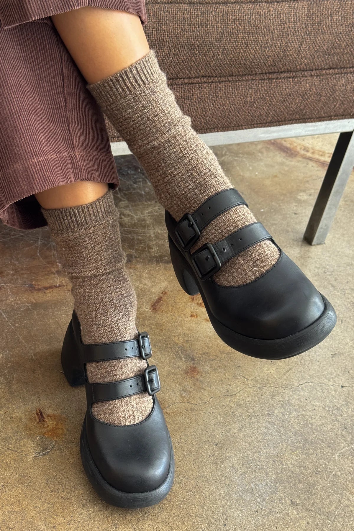 LEBON SHOPPE WOOL WAFFLE SOCKS BROWN OATMEAL