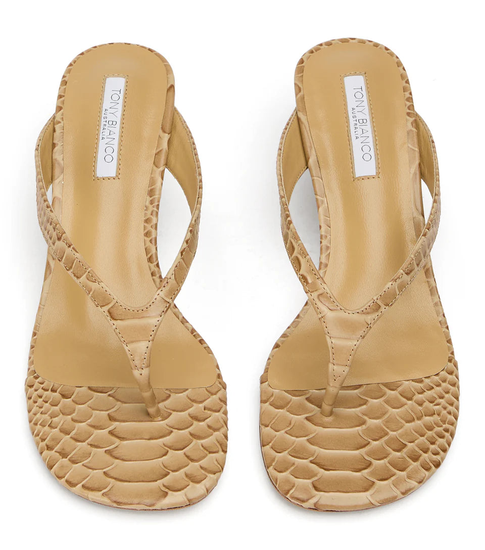 TONY BIANCO KRISTA THONGS IN TAN PYTHON - Shoe Market NYC