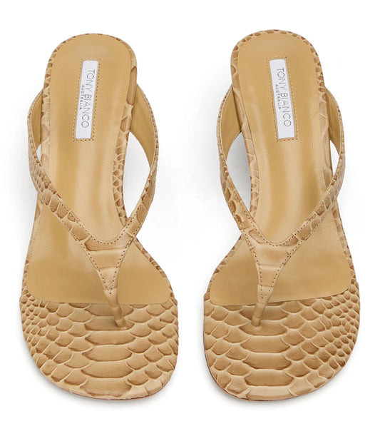 TONY BIANCO KRISTA THONGS IN TAN PYTHON - Shoe Market NYC
