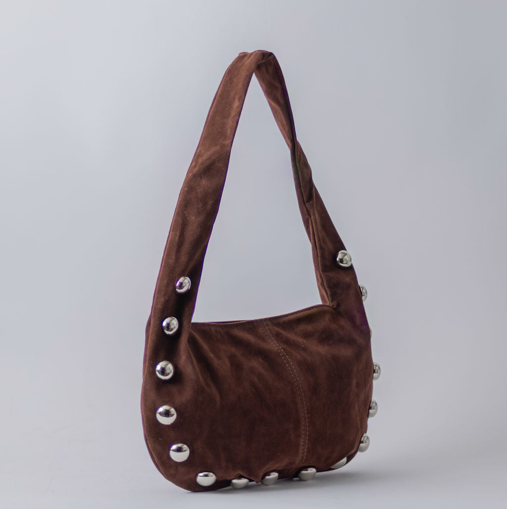 STUDDED SUEDE SHOULDER BAG-BROWN