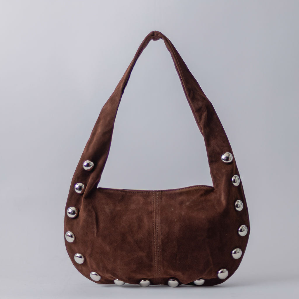 STUDDED SUEDE SHOULDER BAG-BROWN