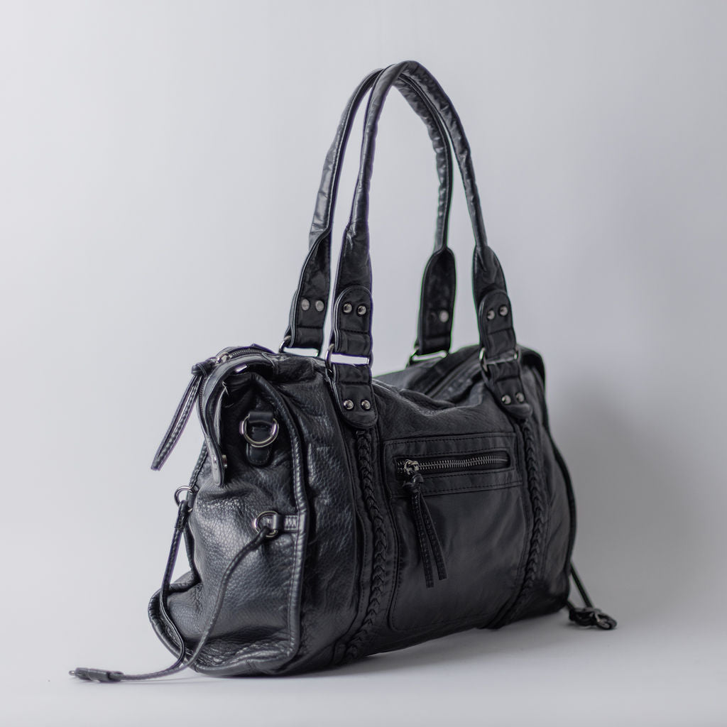 WASHED LARGE SATCHEL-BLACK