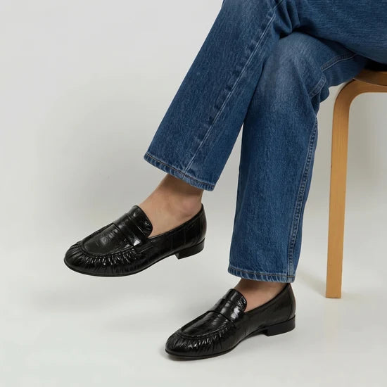 Amie Rafa York Loafers in Black Leather Embossed Croc